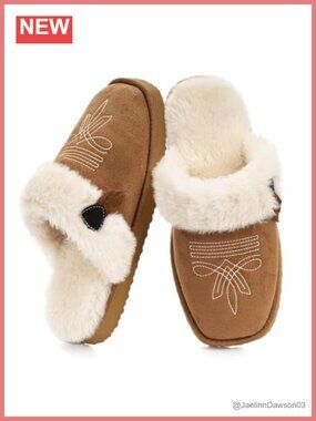 Western Square Toe Fuzzy Memory Foam Slippers Non-Slip Indoor Outdoor